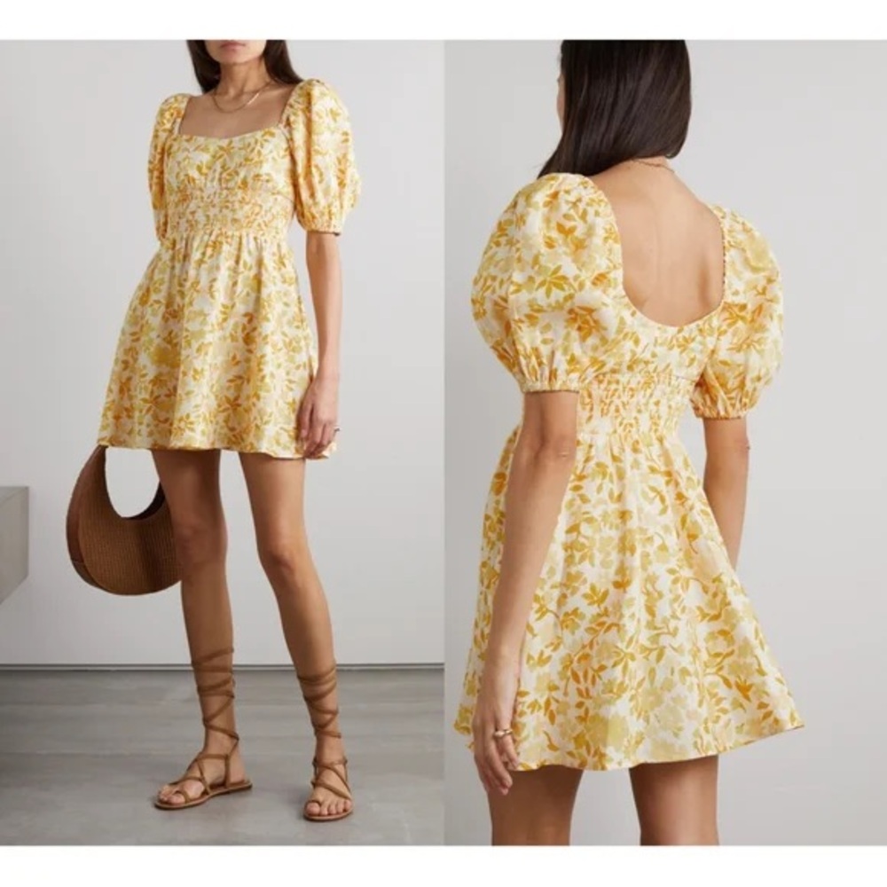 PEONY SWIMWEAR Yellow and Orange Smocked floral-print linen mini dress